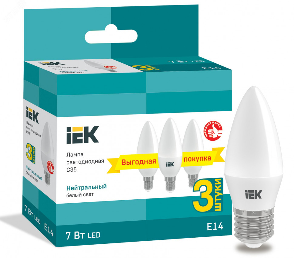 Лампа светодиодная 7Вт C35 свеча 4000К нейтр. бел. E14 230В (уп.3шт) IEK LLE-C35-07-230-40-E14-3