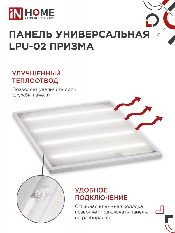 Панель светодиодная универсальная LPU-02 36Вт ПРИЗМА 230В 4000К 3420Лм 595х595х19мм IP40 IN HOME