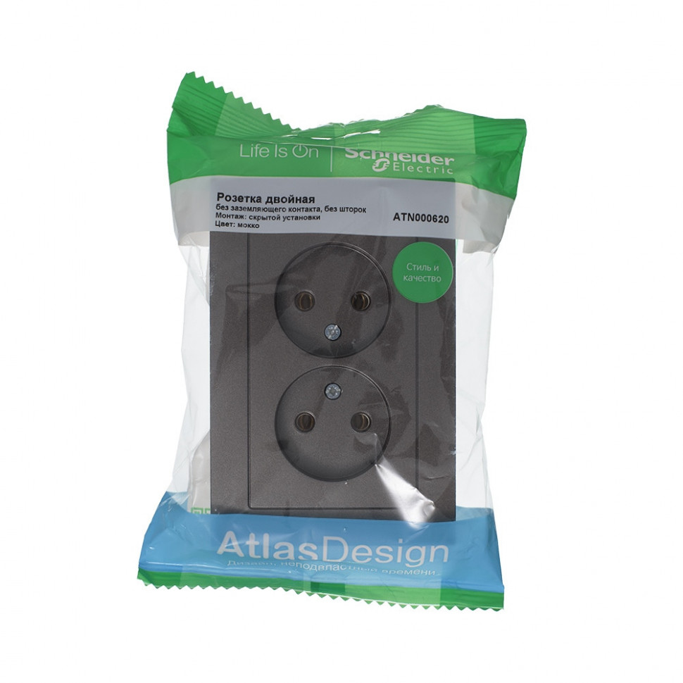 Розетка 2-м СП AtlasDesign 16А IP20 без заземл. в сборе мокко SE ATN000620