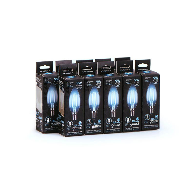 Лампа светодиодная филаментная Black Filament 9Вт свеча 4100К нейтр. бел. E14 710лм GAUSS 103801209