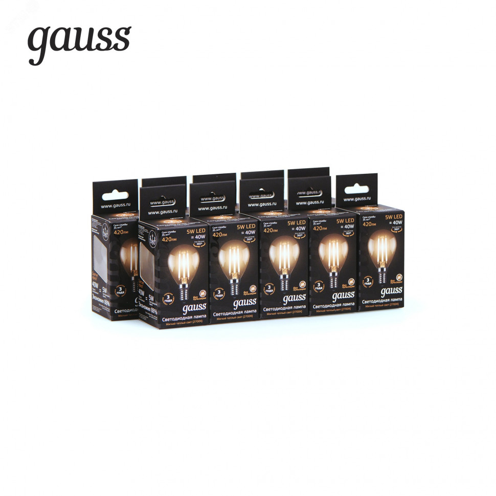 Лампа светодиодная филаментная Black Filament 5Вт P45 шар 2700К тепл. бел. E14 420лм GAUSS 105801105