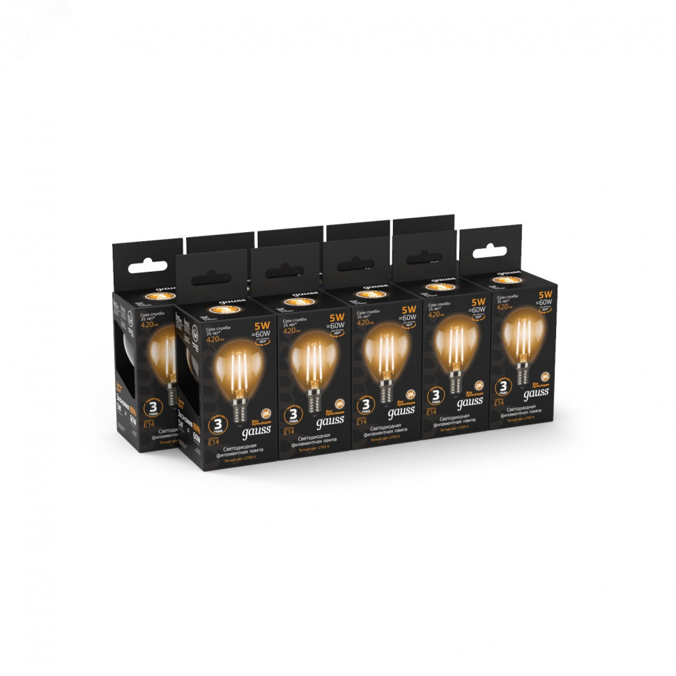 Лампа светодиодная филаментная Black Filament 5Вт P45 шар 2700К тепл. бел. E14 420лм GAUSS 105801105