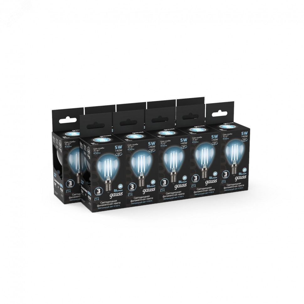 Лампа светодиодная филаментная Black Filament 5Вт P45 шар 4100К нейтр. бел. E14 450лм GAUSS 105801205