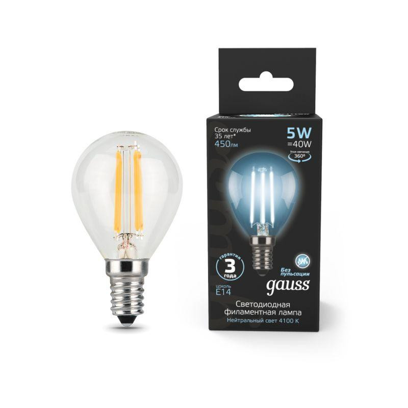 Лампа светодиодная филаментная Black Filament 5Вт P45 шар 4100К нейтр. бел. E14 450лм GAUSS 10580120