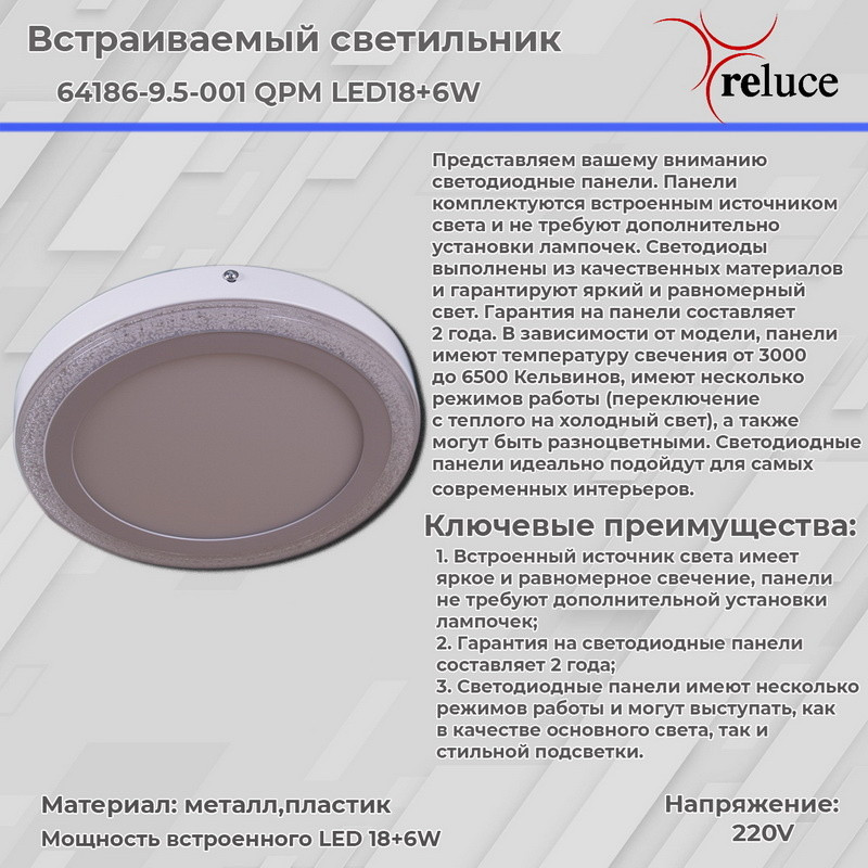 Светодиодная панель 64186-9.5-001QPM LED18+6W BL Накладная