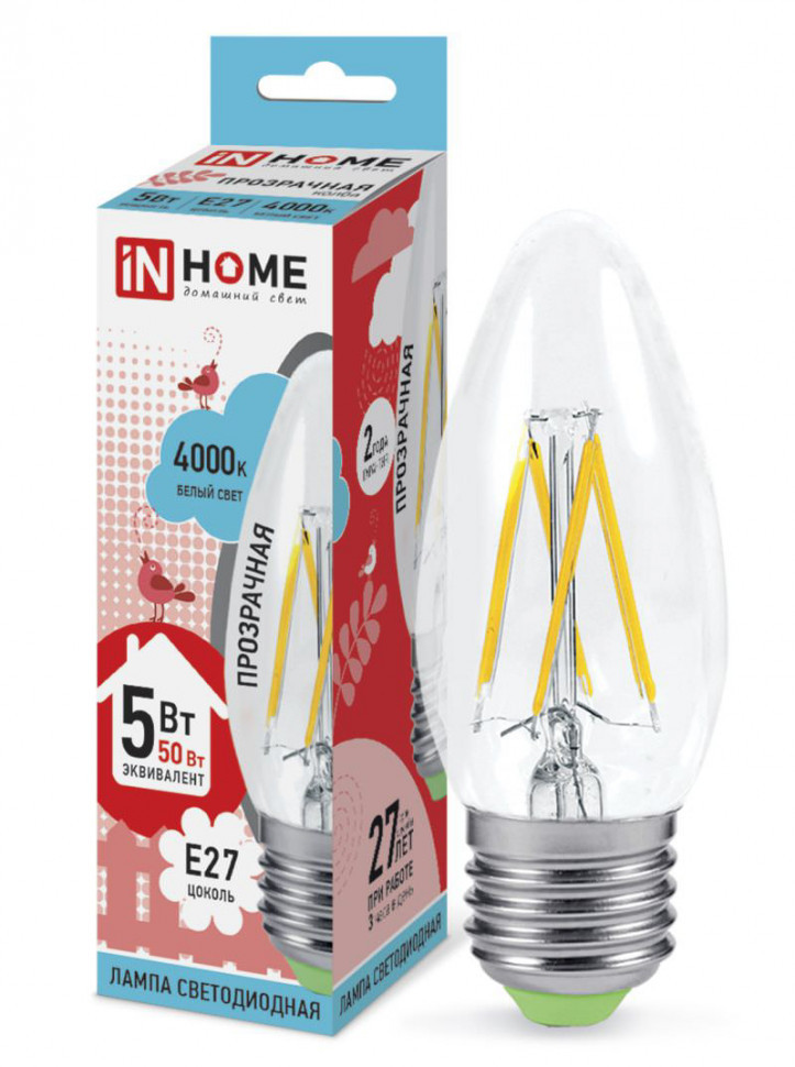 Лампа светодиодная inHome deco свеча 5W E27 4000K