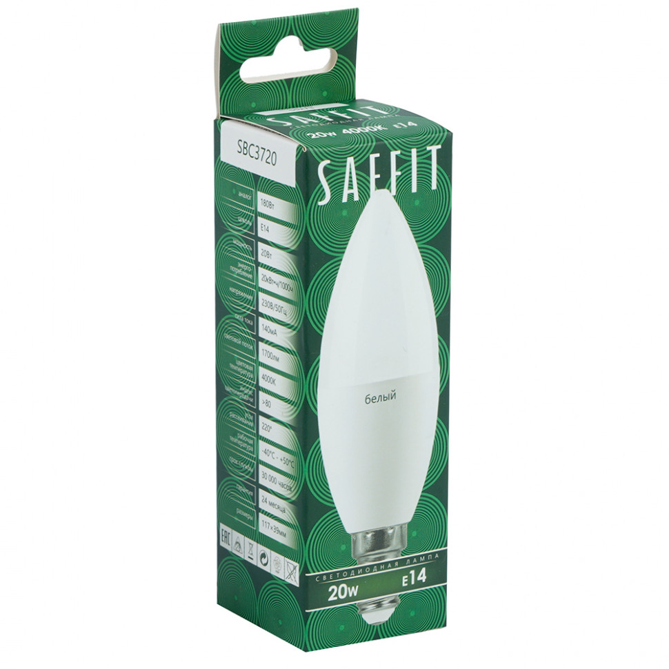 Лампа светодиодная SBC3720 20Вт C37 свеча 4000К E14 230В SAFFIT 55273