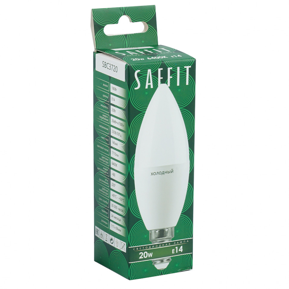 Лампа светодиодная SBC3720 20Вт C37 свеча 6400К E14 230В SAFFIT 55274