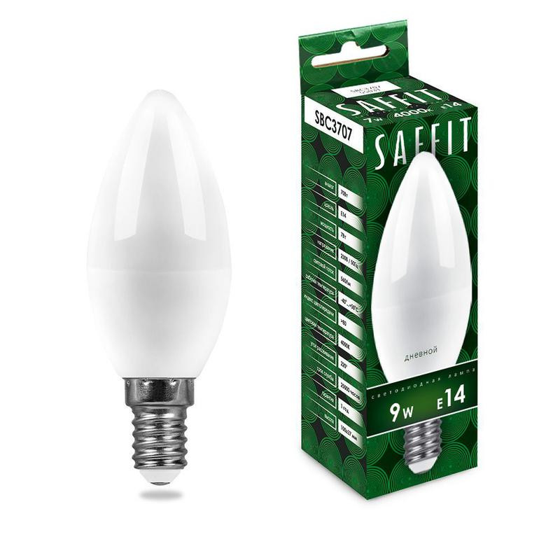 Лампа светодиодная SBC3709 9Вт C37 свеча 6400К E14 230В SAFFIT 55170